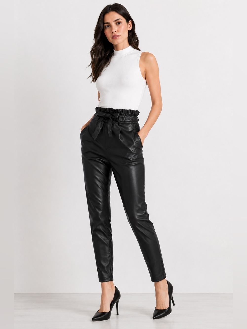 8 by YOOX NWT Black Faux Leather Paperbag Pants S